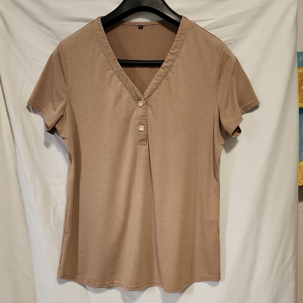 Casual Tan V-Neck Buttoned Women's Top